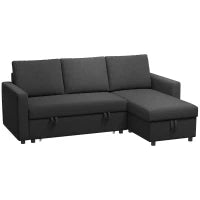 Divano angolare convertibile modulabile con chaise longue reversibile, contenitore e 3 cuscini per lo schienale, nero
