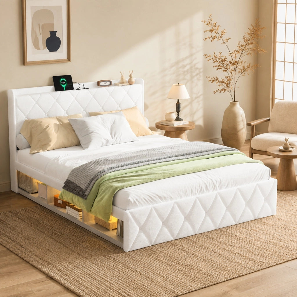 Letto matrimoniale 140x200 cm Teddy bianco con LED e USB