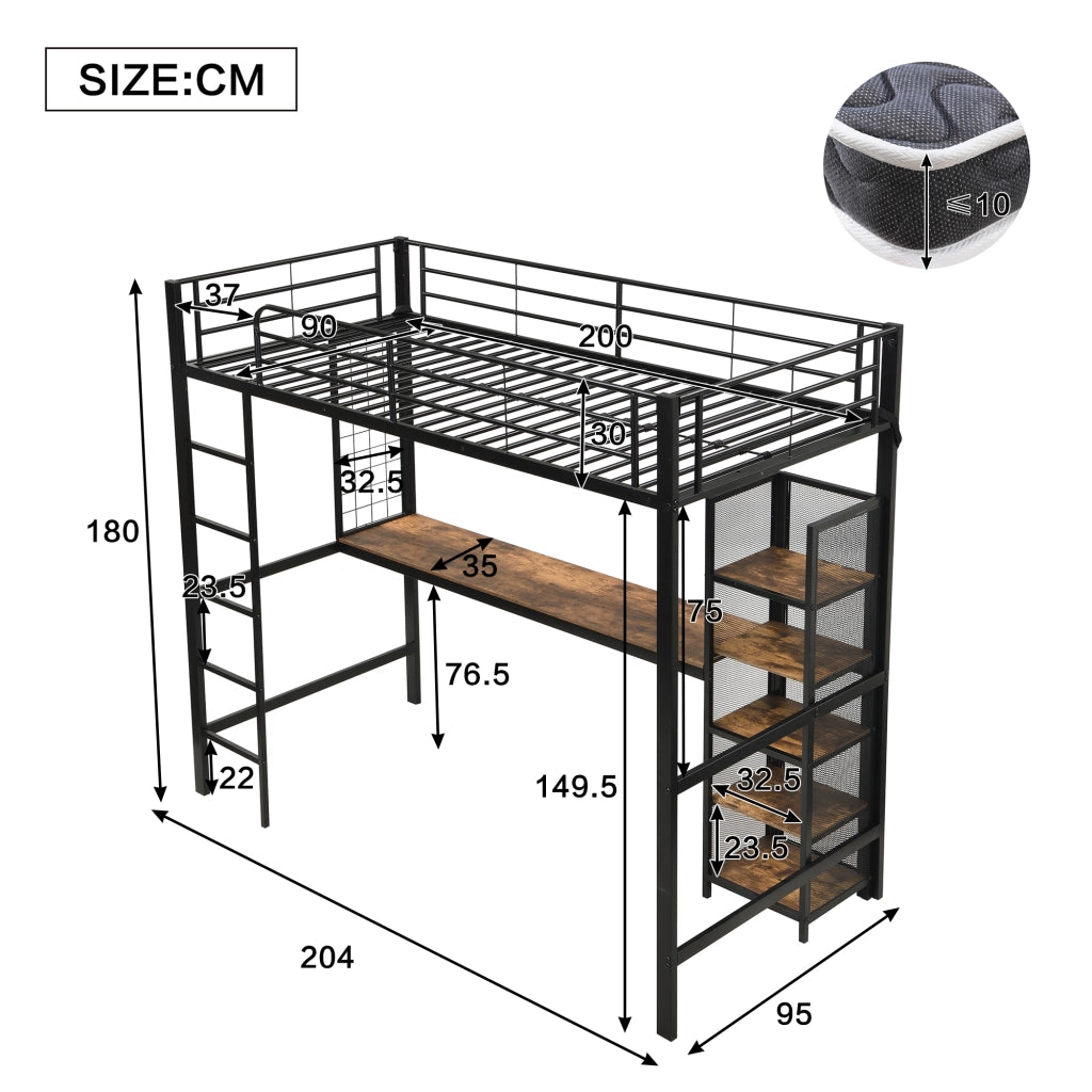 LETTO A SOPPALCO con scrivania e scaffale 90x200 cm MDF e metallo nero/rovere scuro