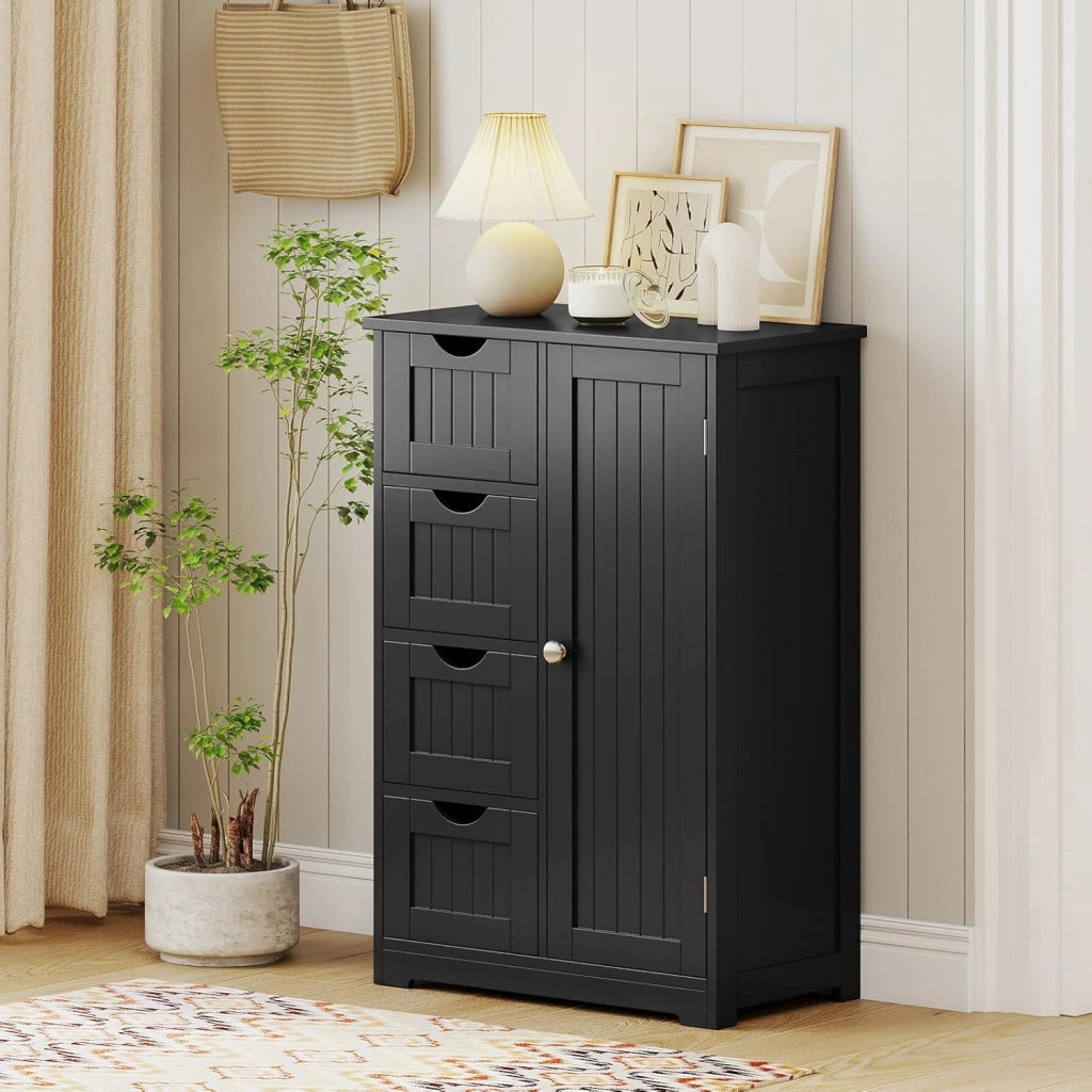 Armadietto portaoggetti da bagno con cassetti, organizer con 4 cassetti, ripiano regolabile, dispositivo anti-ribaltamento, console per ingresso, mobile da pavimento del bagno (nero)
