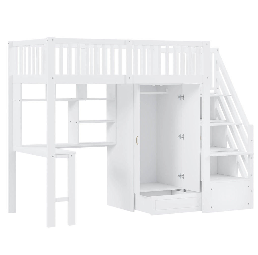 Letto a soppalco 90 x 200 cm con armadio; scrivania; ripiani e scala con cassetti; legno massello bianco