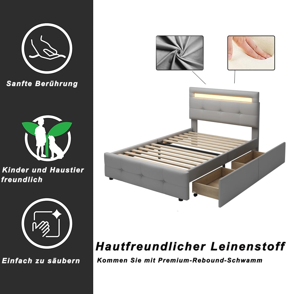 Letto imbottito 90x200 cm con LED; 2 cassetti; rete a doghe; grigio