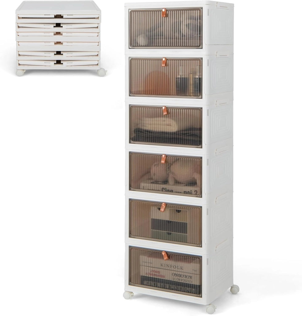 Scatola portaoggetti a 6 livelli, contenitore impilabile con coperchi e ruote, scatola organizer trasparente, scatola pieghevole per camera da letto, soggiorno, 40 x 27,5 x 123 cm (6