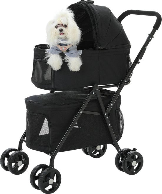 Carrello per cani 2 livelli - Capacità di carico: 27 kg - Carrello per cani pieghevole - Carrello per cani con ruota - Nero - 48x87x104 cm
