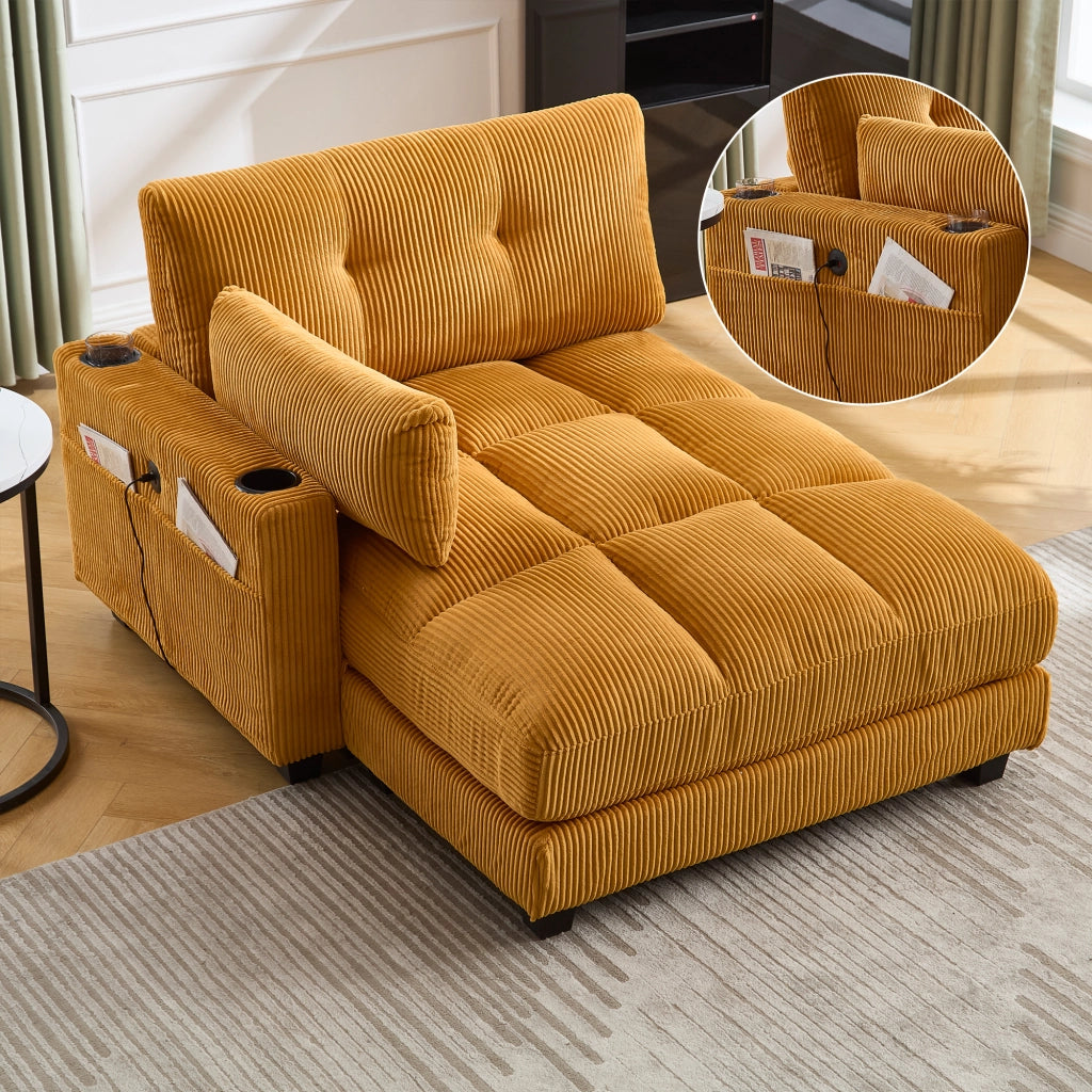 POLTRONA relax 140x112x81 cm in velluto a coste giallo senape con porta bicchieri
