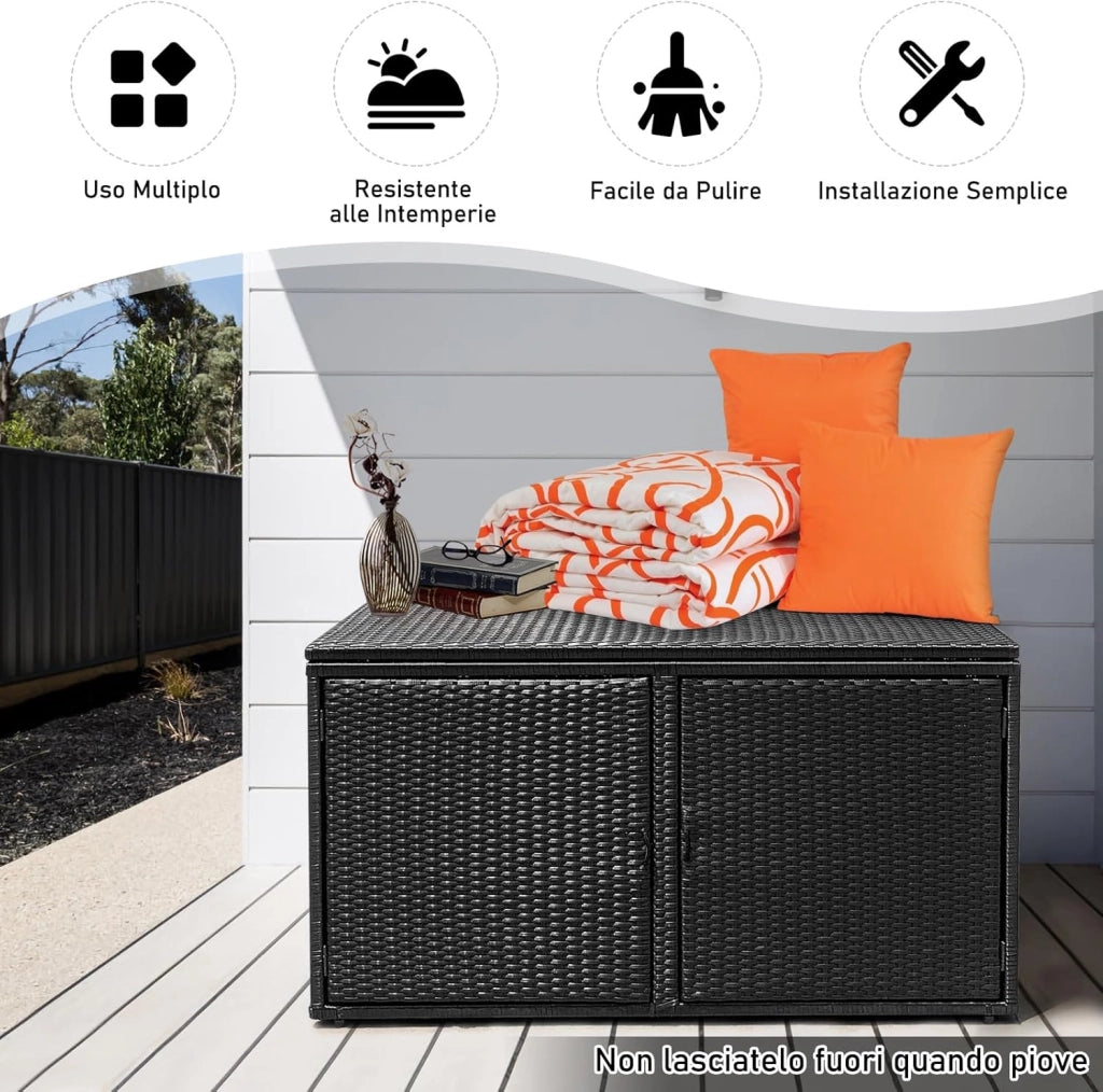 Baule Contenitore da 335 L, con Coperchio e 2 Ripiani, Contenitore da Giardino con Telaio in Acciaio, Baule Cassapanca per Attrezzi e Giocattoli, per Interno ed Esterno (Nero)