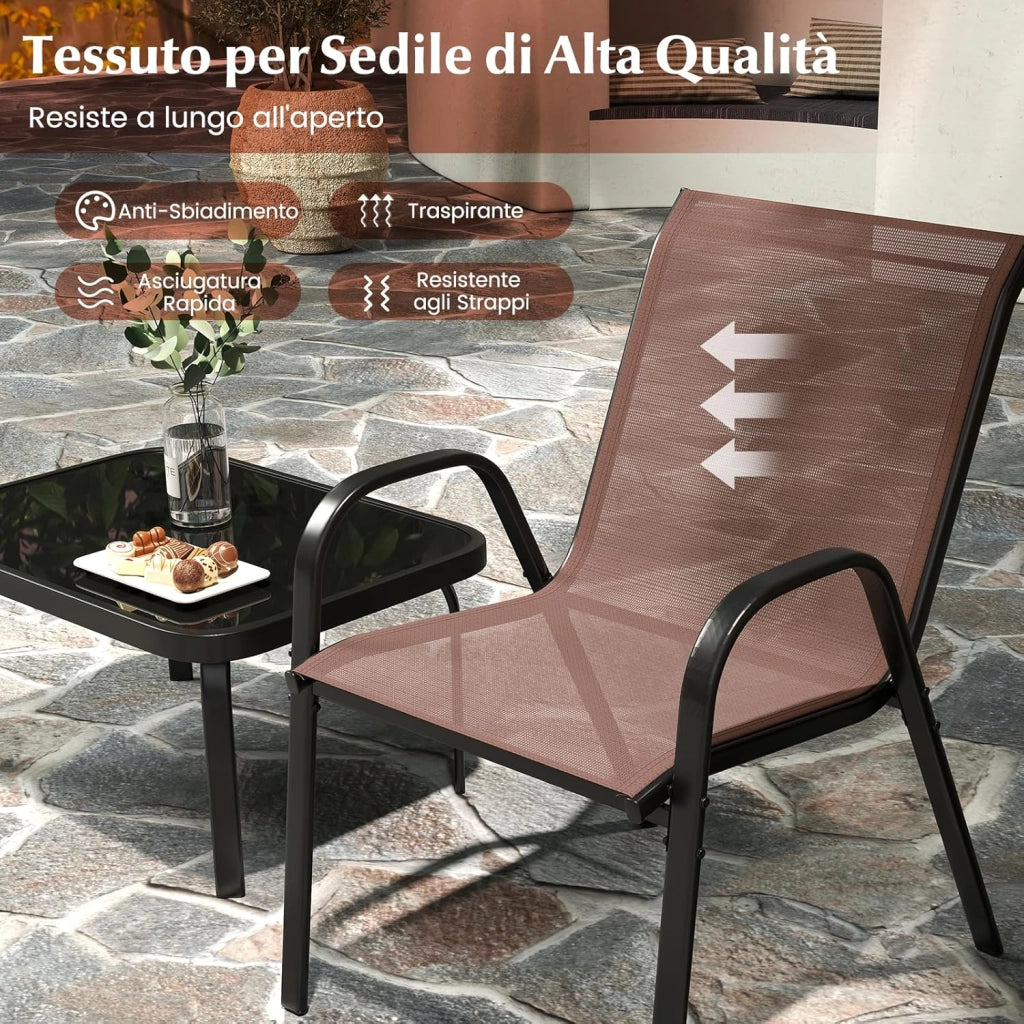 Set Tavolo e Poltrona da Giardino, Set di Mobili 4 Pezzi per Esterno, con Tavolino in Vetro Temperato, Panca e 2 Poltrone, per Giardino Balcone Piscina (Marrone)