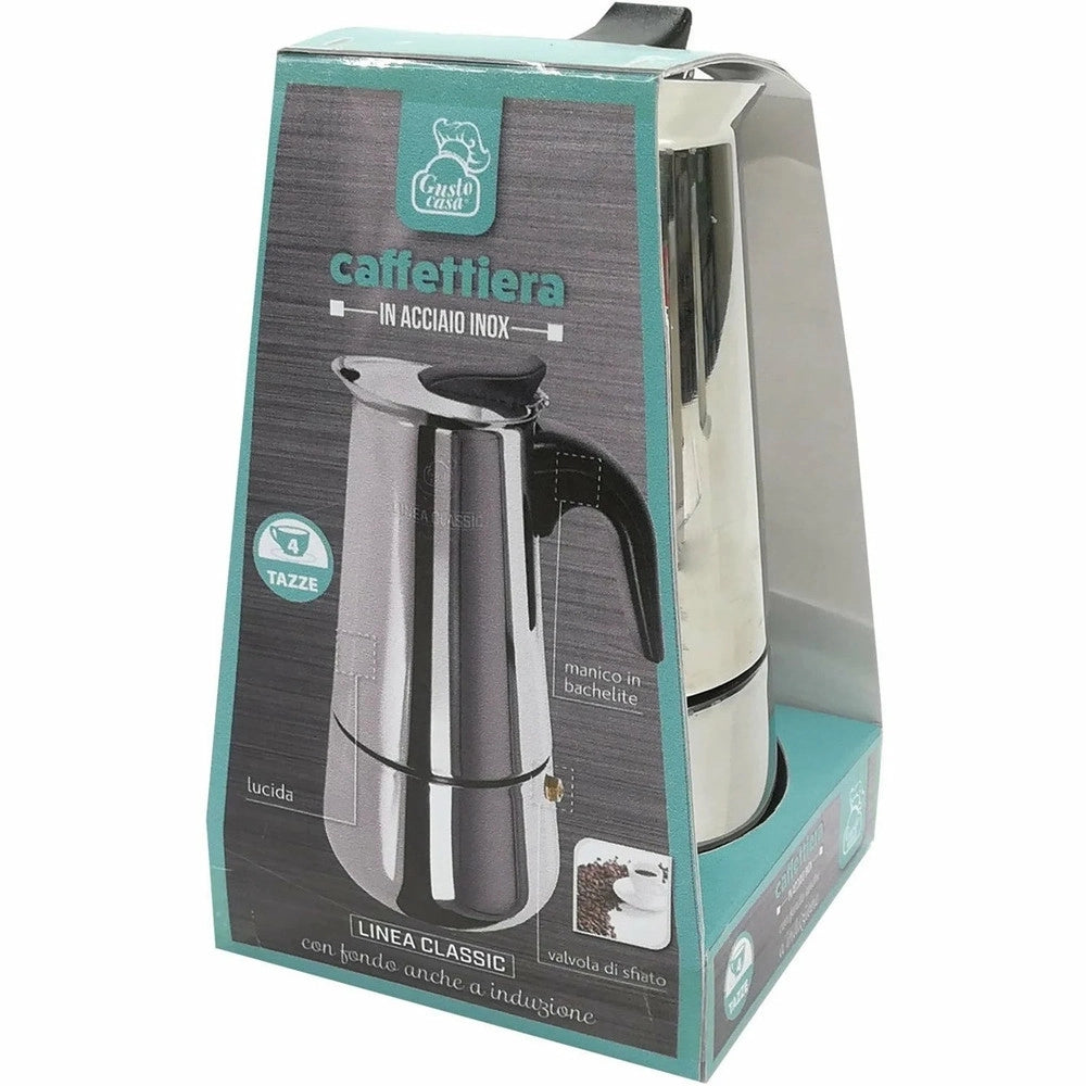 Trade Shop - Caffettiera Moka In Acciaio Inox Lucido Con Manico In Bachelite Da 4 Tazze Fondo Induzione -