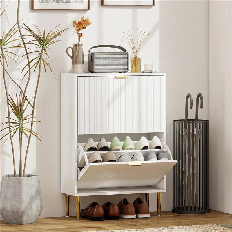 SCARPIERA SLIM PER 12 PAIA DI SCARPE CON 2 CASSETTI A RIBALTA E RIPIANI REGOLABILI, 60X24X91.5 CM, BIANCO