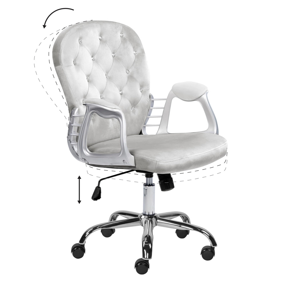 Sedia da ufficio in velluto grigio chiaro con cristalli e altezza regolabile e schienale trapuntato stile retrò moderno
