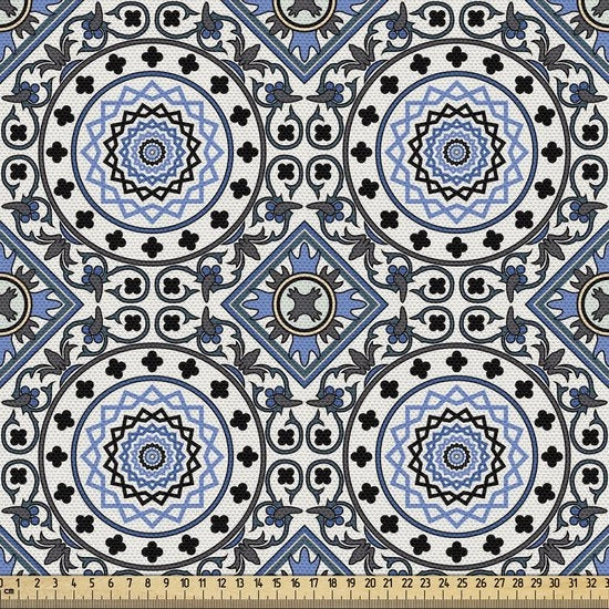 Tessuto Arabesque per metro, motivi in mozaico, tessuto stretto per cucire arredi e accessori di abitazione, 3M (148x300cm), blu