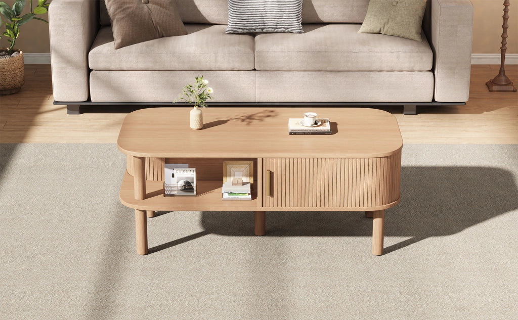 Tavolino basso con anta scorrevole e vani contenitore, in MDF, per soggiorno, stile scandinavo, 110 × 55 × 45 cm