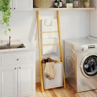 Mobile da Bagno in Bambù con Porta Asciugamani a 3 Barre e Cesto per Biancheria Sporca Rimovibile da 48 L, Crema