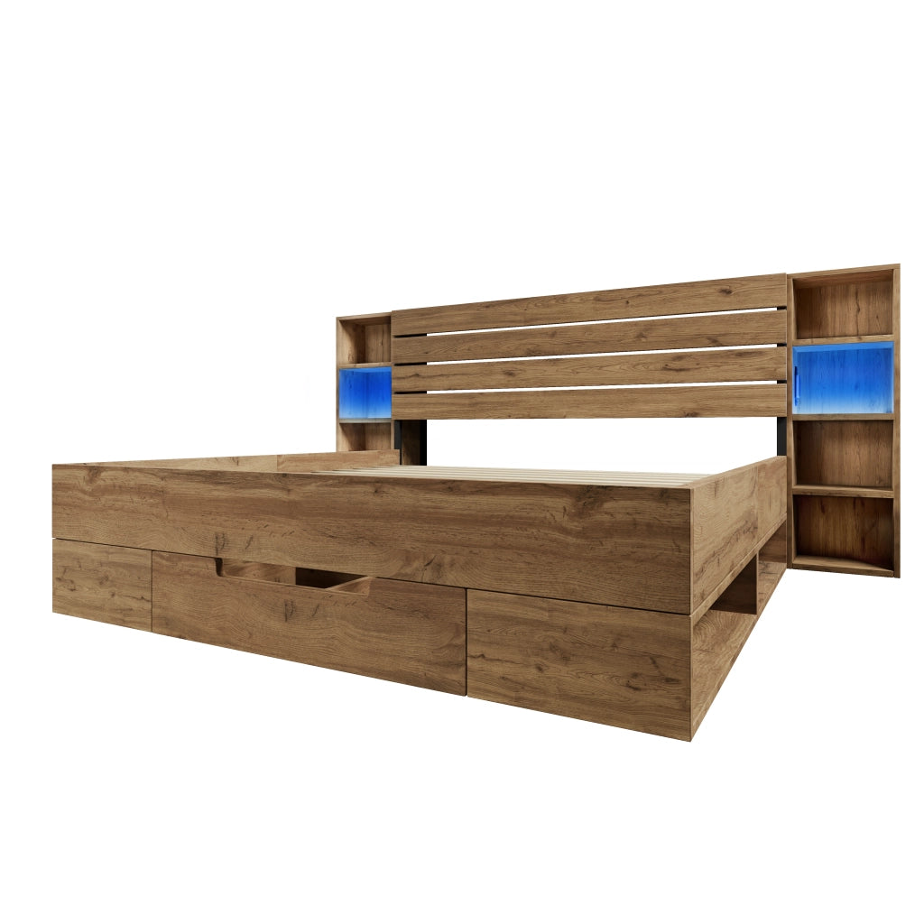 DESMIU Letto Matrimoniale con Contenitori, USB, Type-C e LED Regolabile 180 × 200 cm, Senza Materasso
