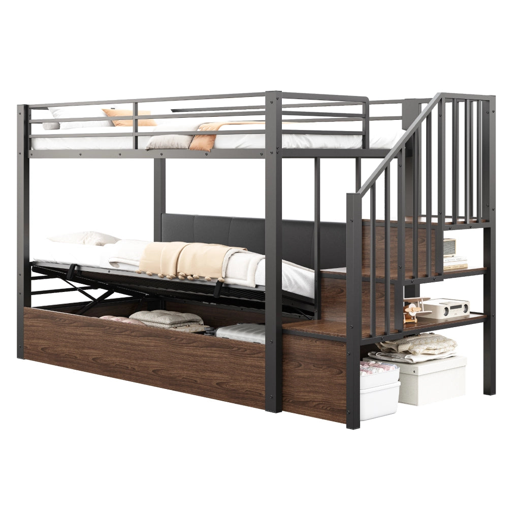Letto a soppalco 90 × 200 cm con contenitore idraulico, scala con vani portaoggetti, sponde alte, senza materasso