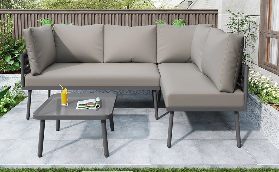 Set giardino lounge: metallo forma L; corda grigia intrecciata; cuscini seduta; piedini regolabili; 2 Divanooi + 1 tavolo
