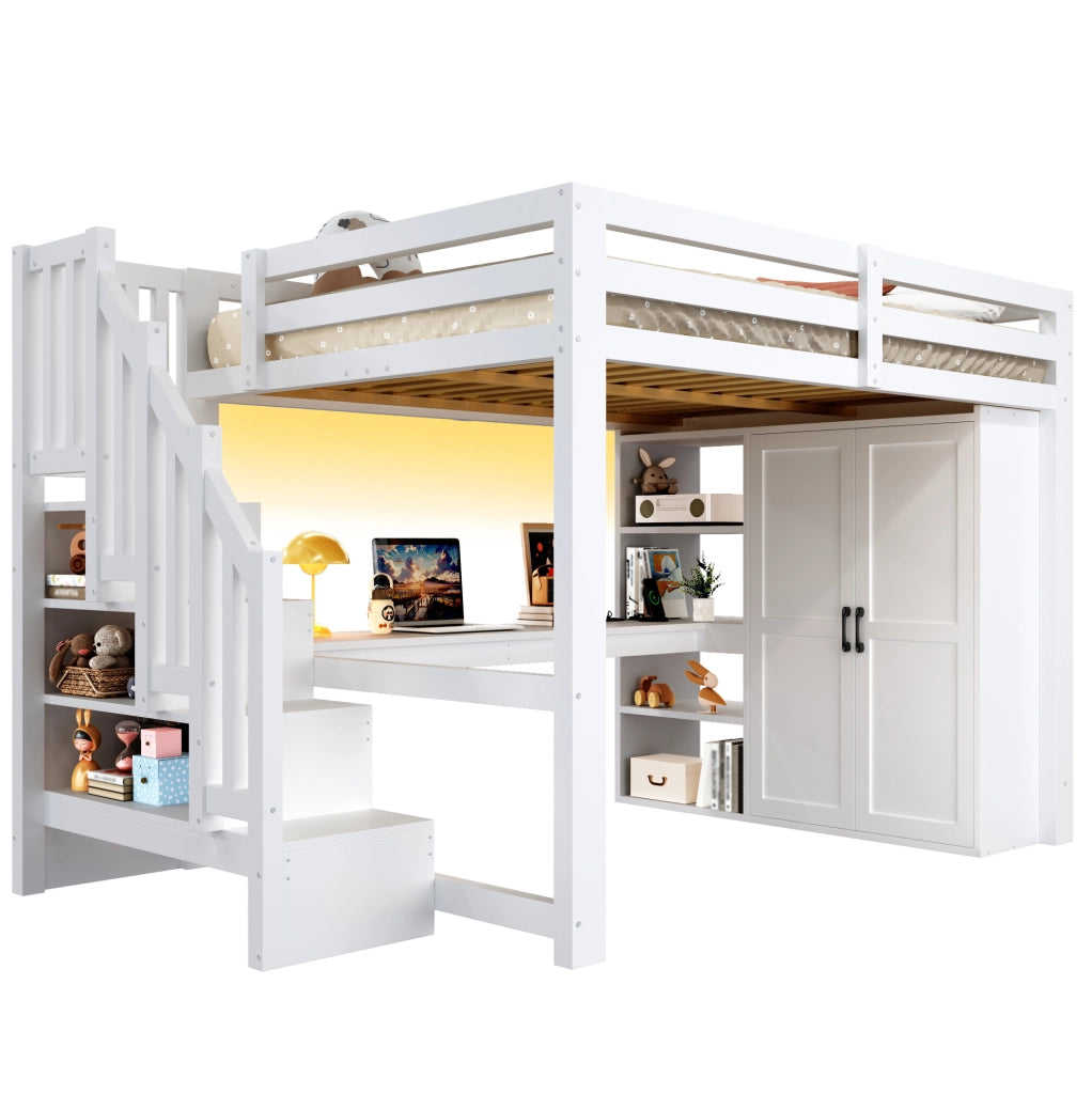 Letto a soppalco 140x200 cm con scrivania; armadio; scala contenitore; USB e LED; bianco