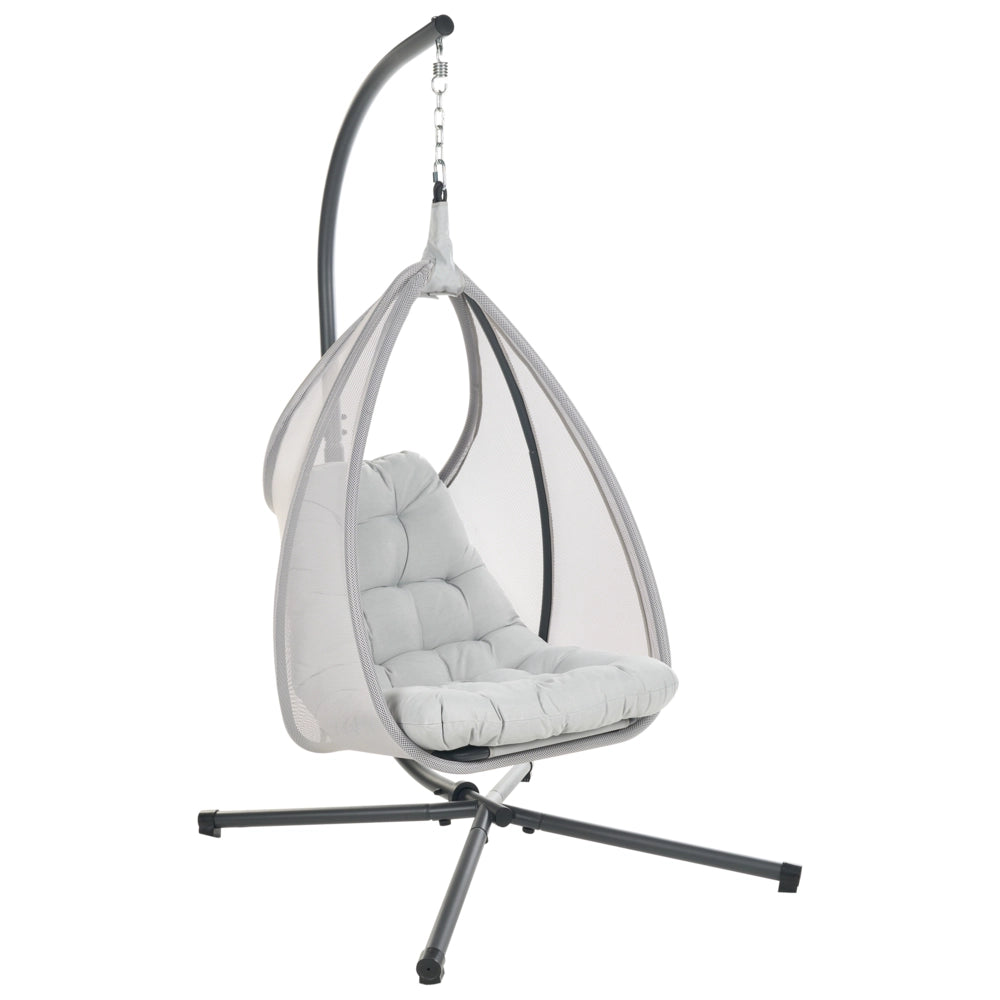 Sedia a uovo a dondolo Supporto metallico grigio chiaro Morbido cuscino da seduta Boho Rustico Soggiorno Terrazza