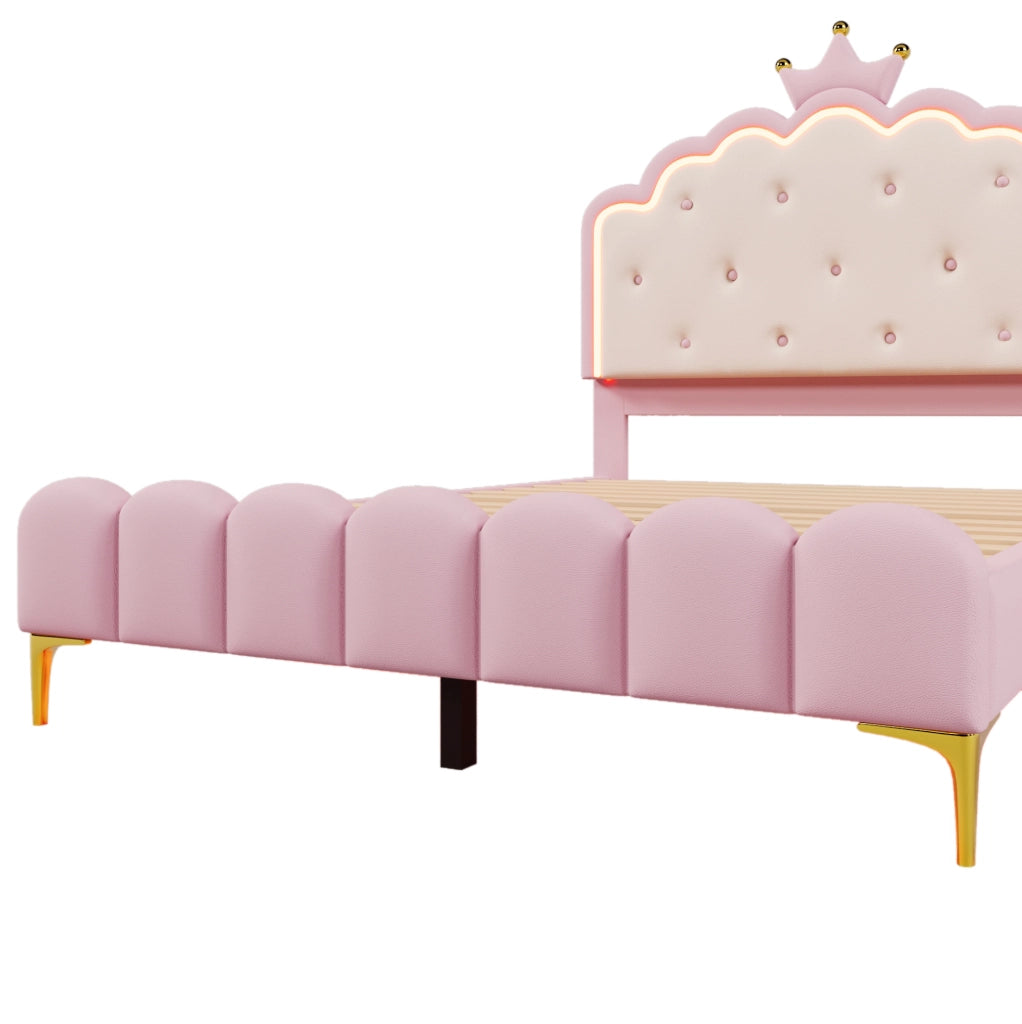 Letto per bambini a forma di corona, 140x200 cm, con rete a doghe, luci LED e struttura in PU rosa