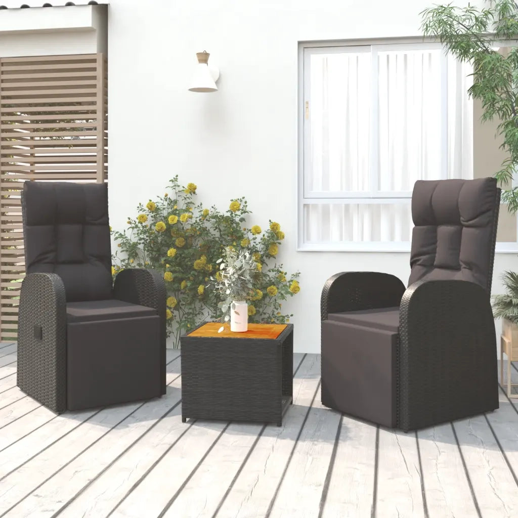 Set Mobili Giardino 3pz | Set Salotto da Giardino Nero Polyrattan e Legno Massello Acacia