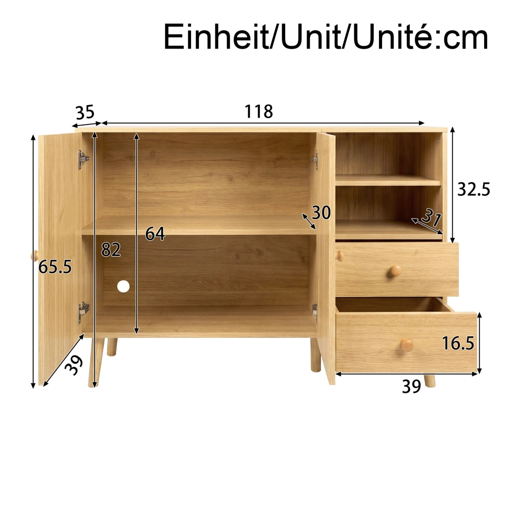 Credenza e madia con 2 ante 2 cassetti e vani aperti per soggiorno sala da pranzo e ingresso naturale 118 × 35 × 82 cm