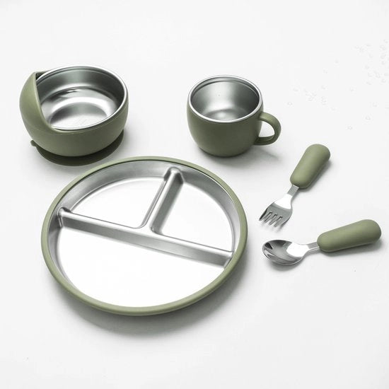 Set di Bordo per Bambini 5 pezzi – Acciaio Inossidabile – BPA – Libero da Ghiaccio – Antiscivolo – Verde Erba