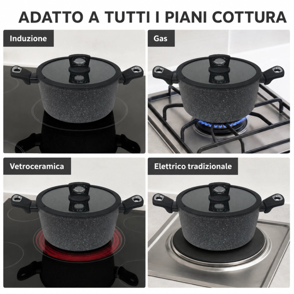Casseruola Antiaderente Ø 24 cm con Coperchio - Pietra Lavica Induction - Alluminio Forgiato Effetto Pietra - Vetro e Silicone - Induzione - GMD Italy
