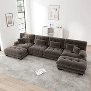 Divano modulare angolare a U in chenille con pouf mobile e cuscini design vintage per soggiorno marrone