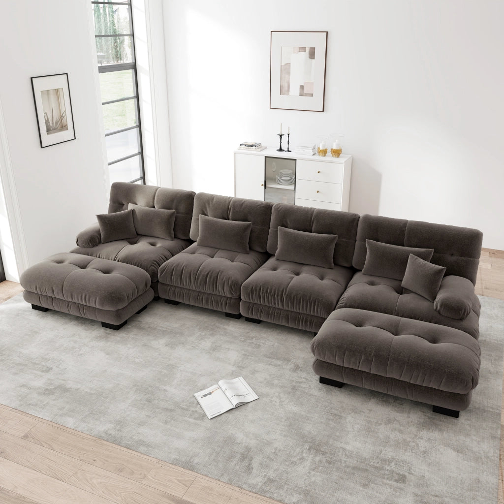 Divano modulare angolare a U in chenille con pouf mobile e cuscini design vintage per soggiorno marrone