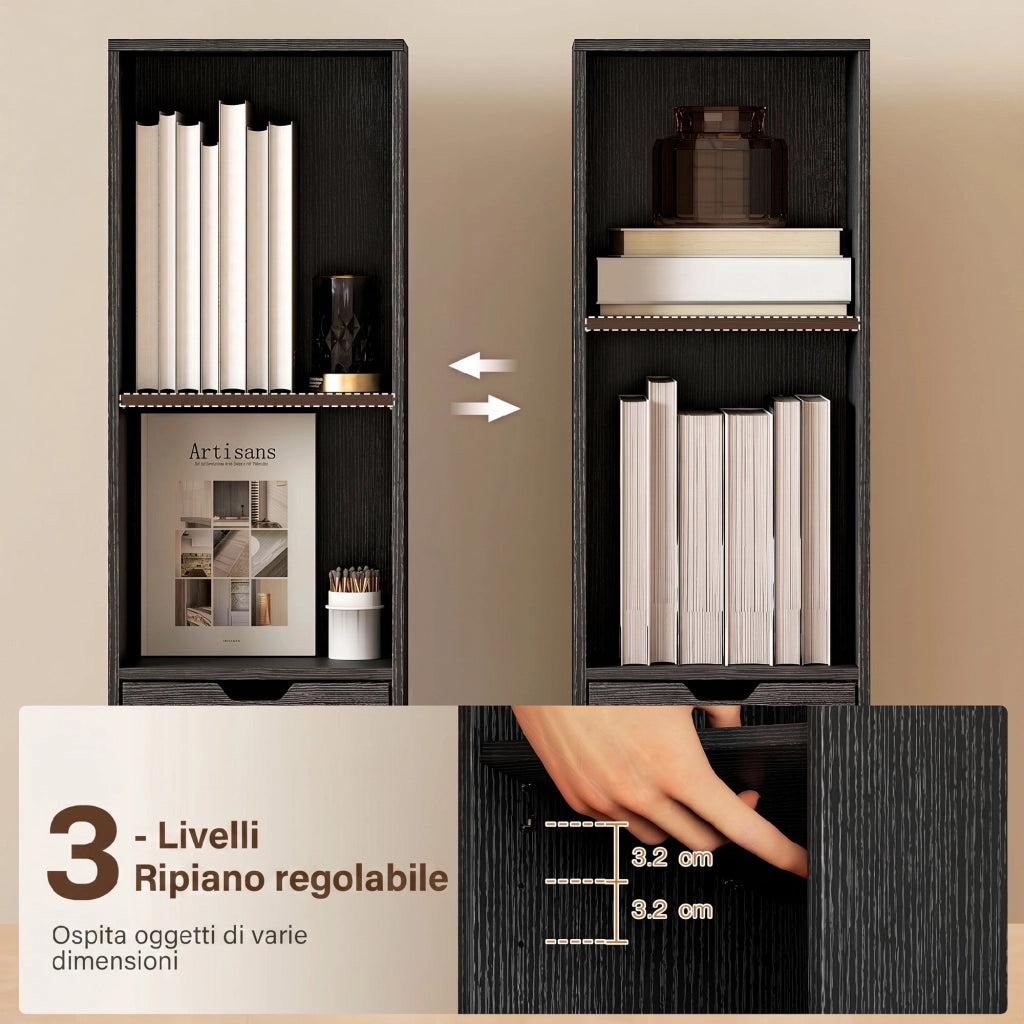 Libreria 30x24x158 cm a 4 Ripiani Aperti con Armadietto e Cassetto Nero