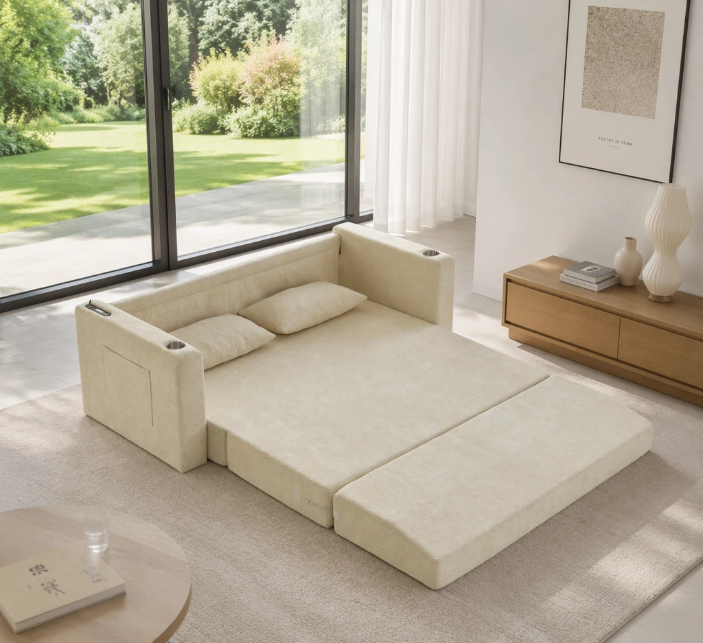 Divano letto 2 posti 153x77x65 cm beige in ciniglia con USB e 2 cuscini