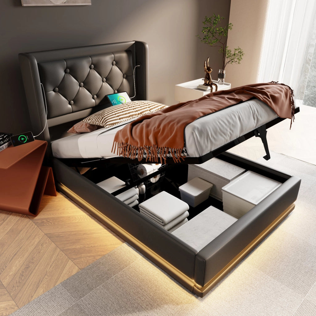 Letto contenitore 90x200 cm con LED e USB C; PU nero