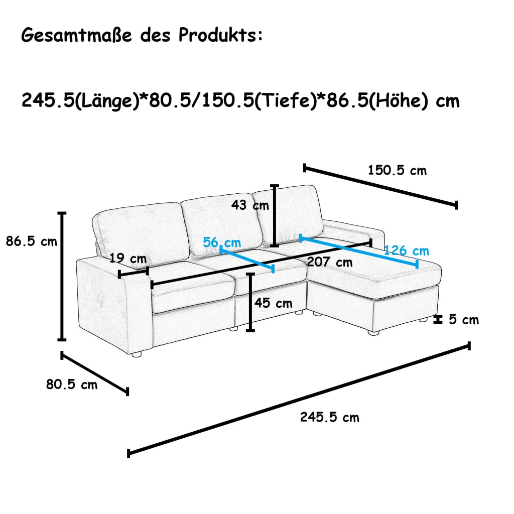 Divano angolare con 4 vani contenitori e chaise longue reversibile in poliestere grigio chiaro 245,5 cm