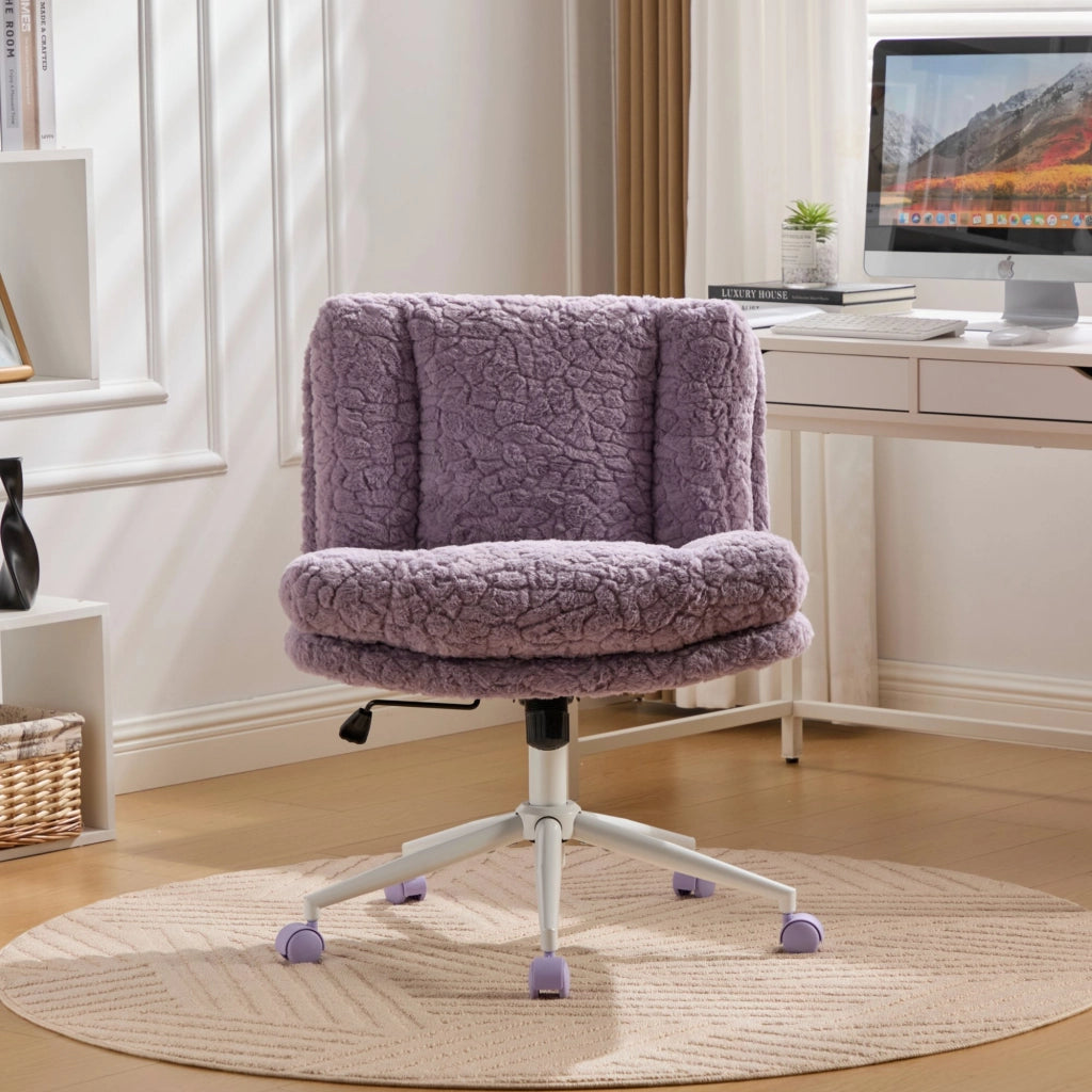 Chaise de bureau girevole con altezza regolabile e inclinazione, seduta ampia in pelliccia sintetica viola