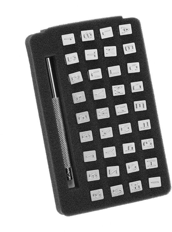Set di timbri a lettere 36 pezzi - Strumento per stampe in cuoio - Acciaio - Manico - Duraturo - Dimensioni 3 mm/6 mm - Timbri a cuoio