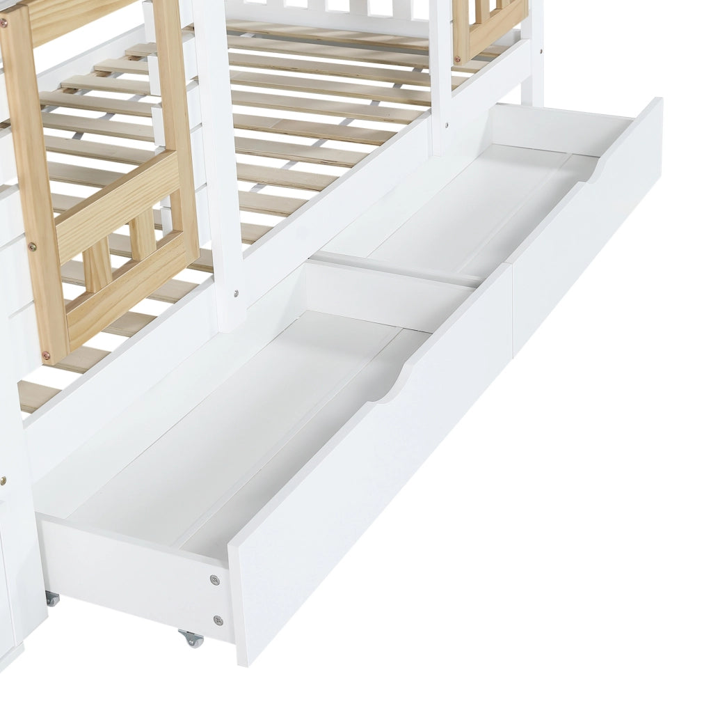 Letto a castello ULEVR 90x200 cm con 2 cassetti, scala con 4 vani e finestre, bianco e naturale
