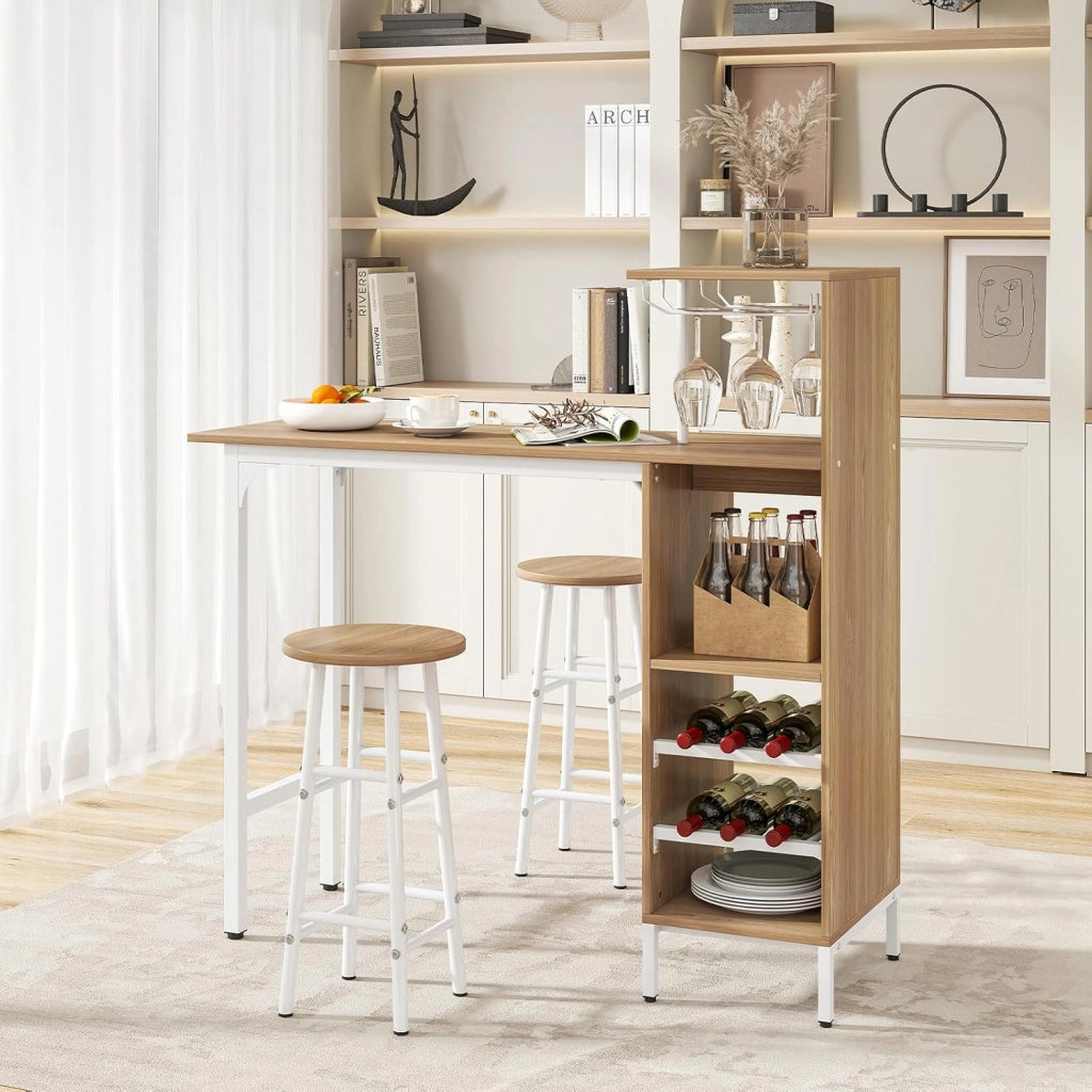 Set 3 Pezzi Tavolo e Sedie da Bar, Tavolo e Sgabelli da Pub Industriale con Porta Calici e 6 Portabottiglie da Vino, Set di Tavolo per Sala da Pranzo, Ristorante e Bar (Legno)