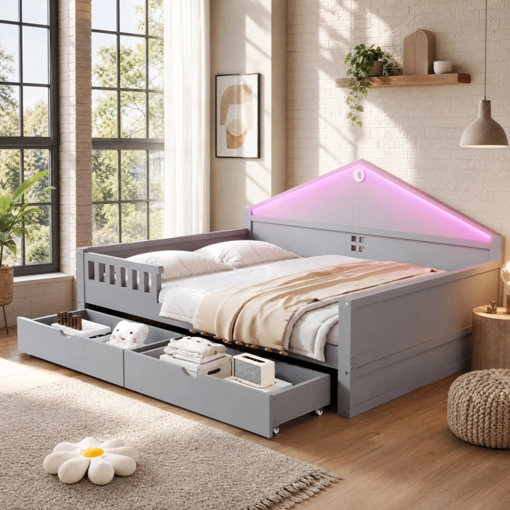 Letto multifunzione 140x200 cm grigio con LED e 2 cassetti
