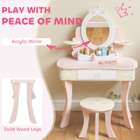 Set Toeletta per Bambine con Specchio e Sgabello con 7 Accessori in Legno Rosa
