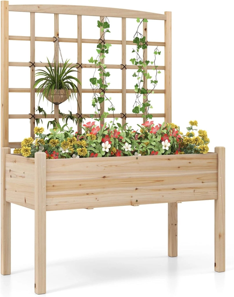 Letto da Giardino Elevato con Traliccio per Rampicanti, Fori di Drenaggio, Fioriera Rialzata in Legno con Grigliato e Piedi per Rampicanti, Fiori, Erbe, Verdure, Frutta, Balcone, Carico 80 kg