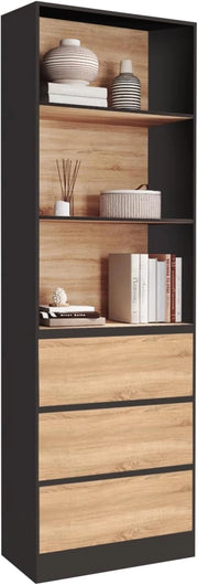 CARLA Libreria a 3 livelli con 3 cassetti neri ed effetto legno H.190 cm