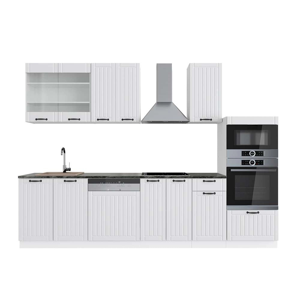Cucina componibile Fame-Line Bianco rustico/Bianco 300 cm con armadio alto, PL Antracite Vicco