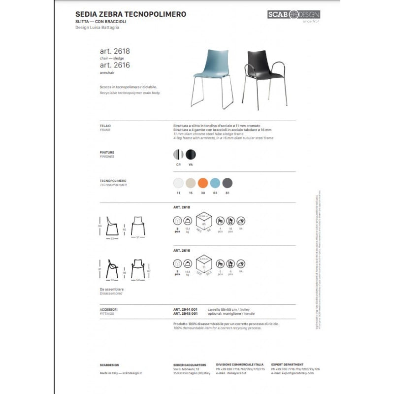 SET 2 SEDIE ZEBRA A SLITTA TECNOPOLIMERO SCABDESIGN MADE IN ITALY - Azzurro 62