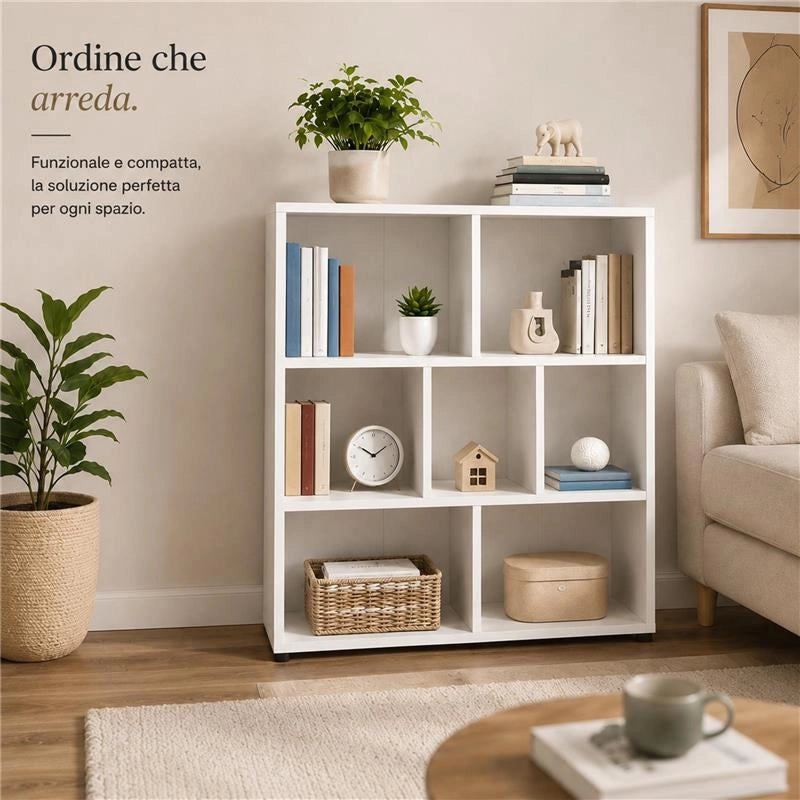 LIBRERIA MODERNA IN LEGNO BIANCO CON SETTE RIPIANI DIMENSIONI 90X30X106 CM