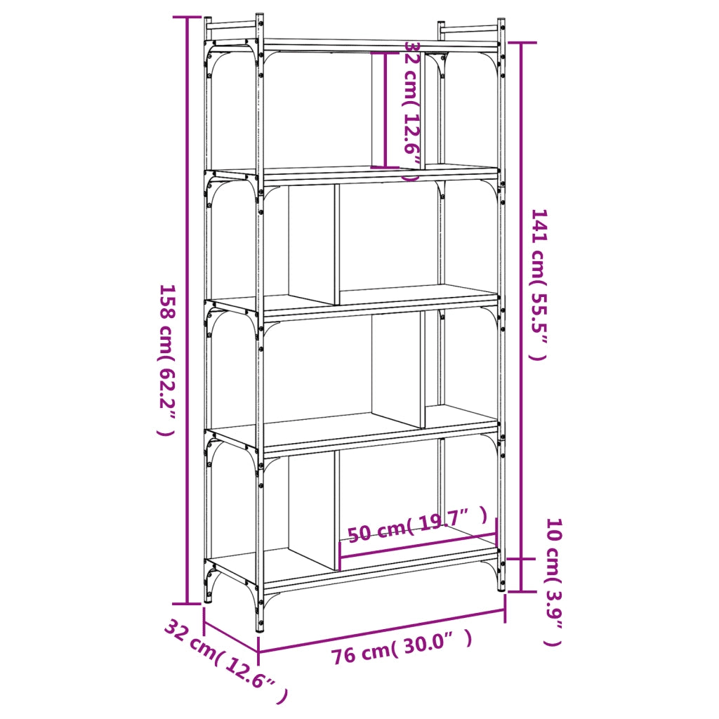 Libreria-Scaffale per Libri-Mobile di Stoccaggio Rovere Fumo 5 Ripiani 76x32x158 cm Legno Multistrato