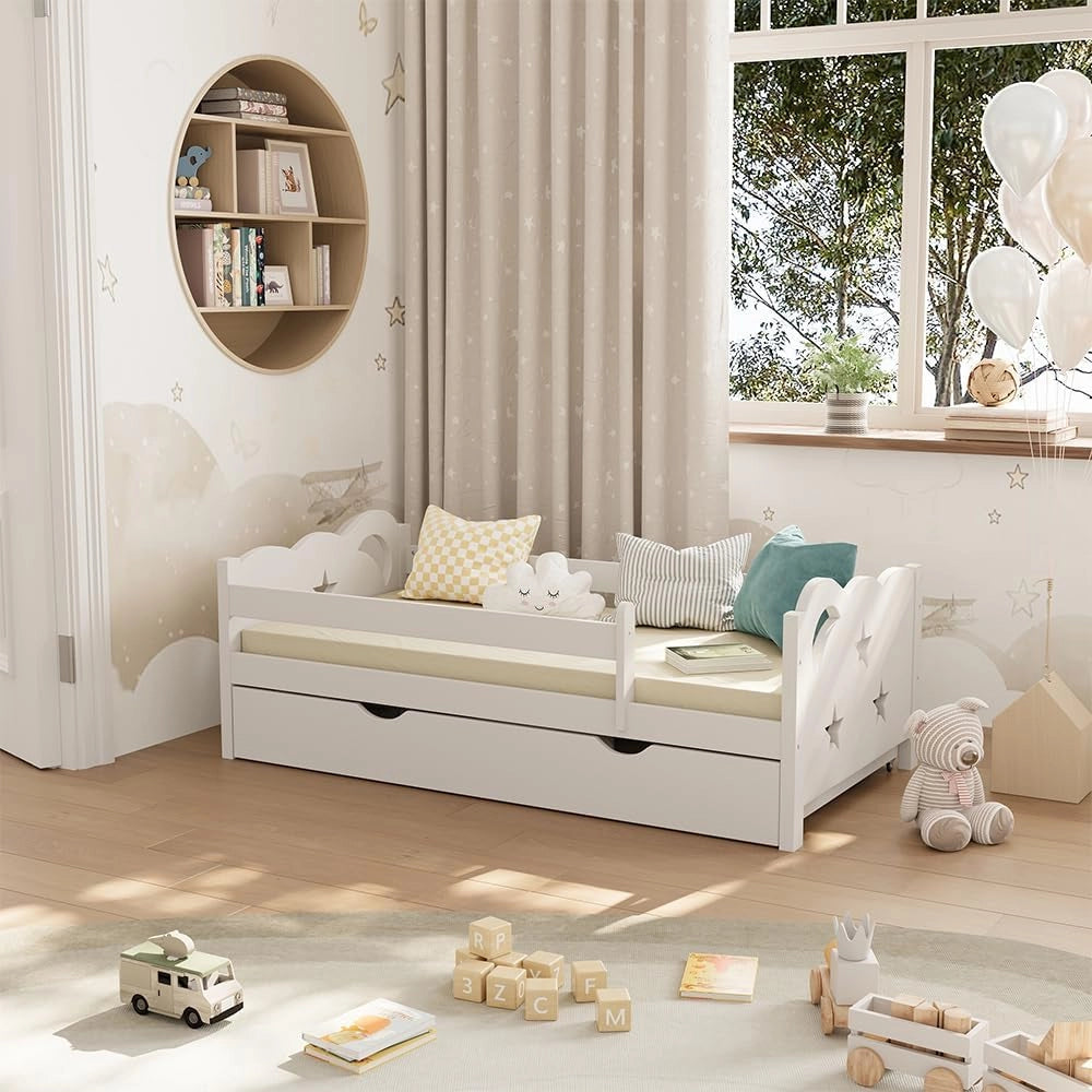 Letto per bambini Jessica, Bianco, 70x140 cm con cassetto, senza materasso, estendibile come letto per ragazzi, combinabile con la serie Jessica
