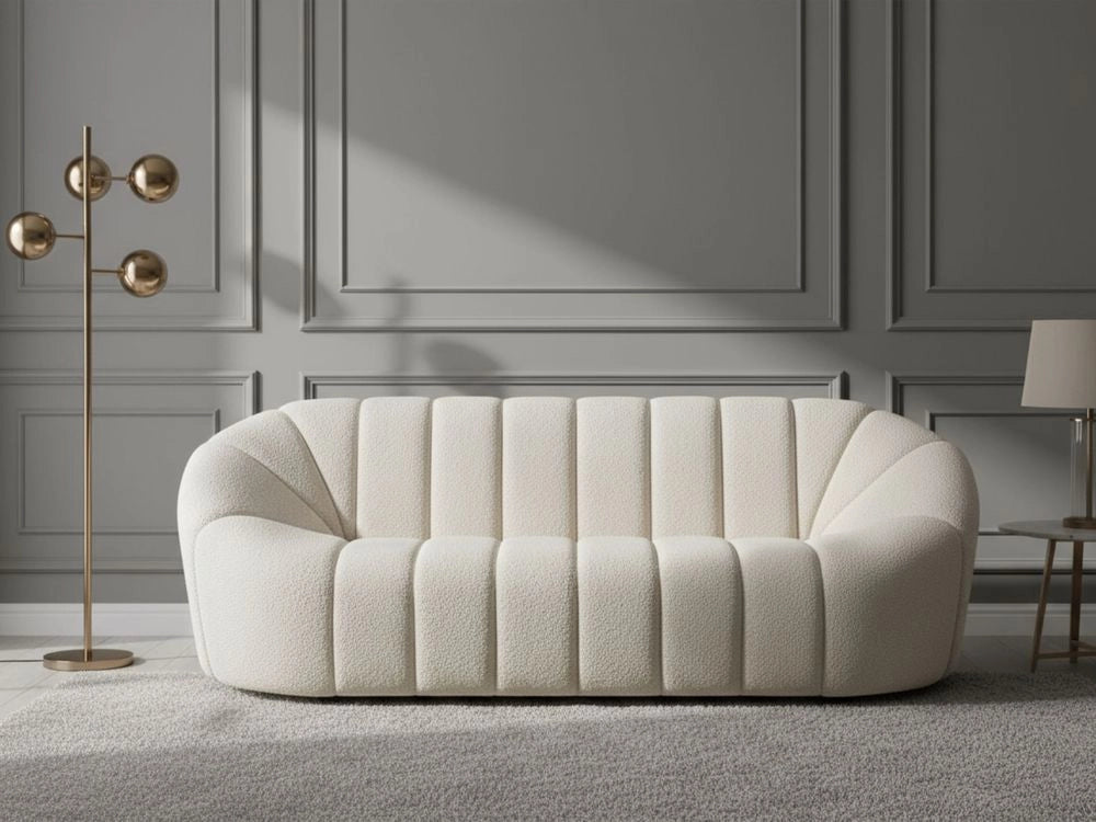 Divano in tessuto bianco 3 posti Glam senza braccioli Boucle a forma di rene con ampio schienale in tessuto testurizzato da soggiorno