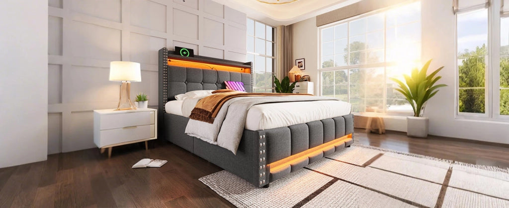 DESMIU Letto imbottito 140 × 200 cm con LED, USB, ripiani e 4 cassetti, senza materasso, grigio