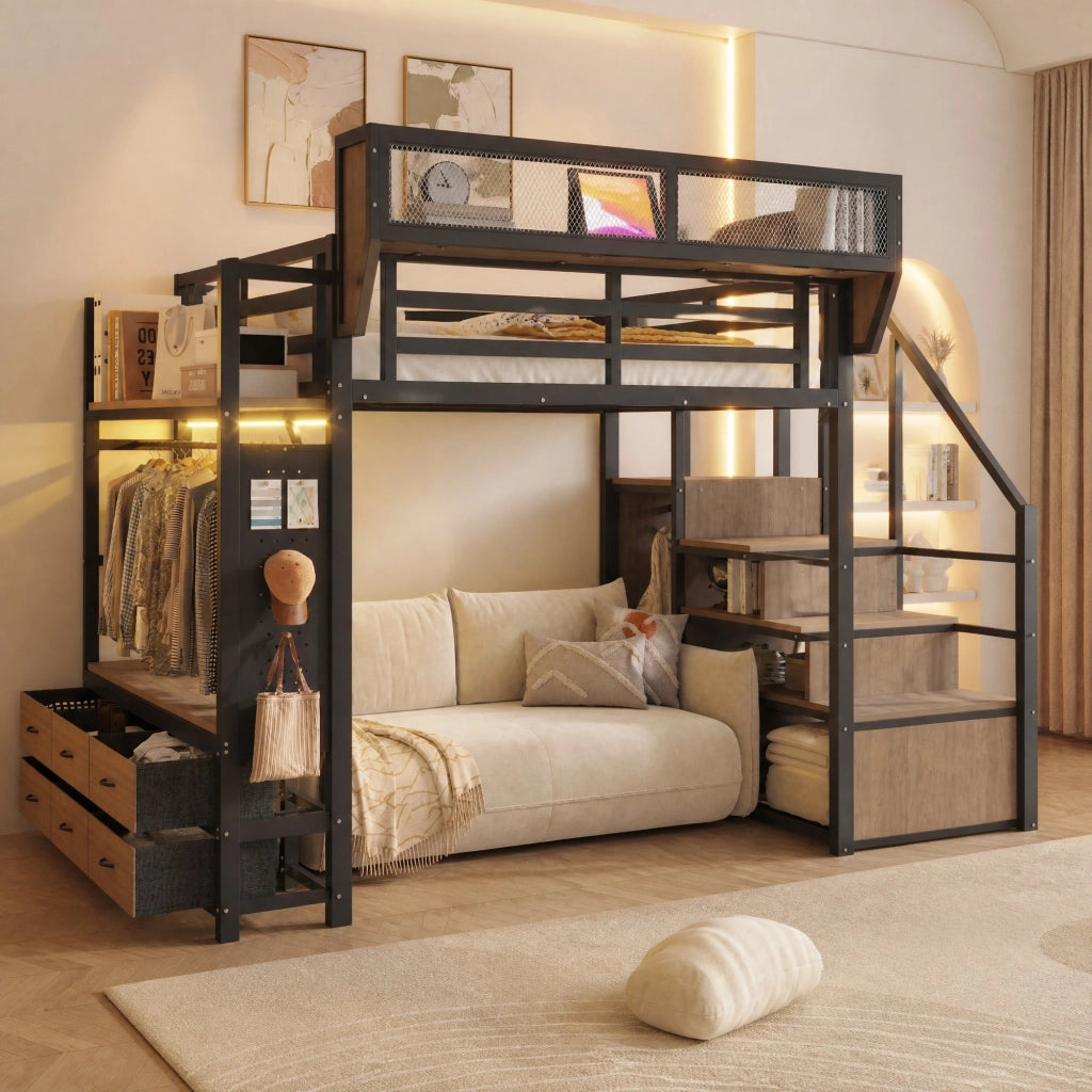 LETTO a soppalco 140x200 cm in metallo nero, con LED e vani contenitore