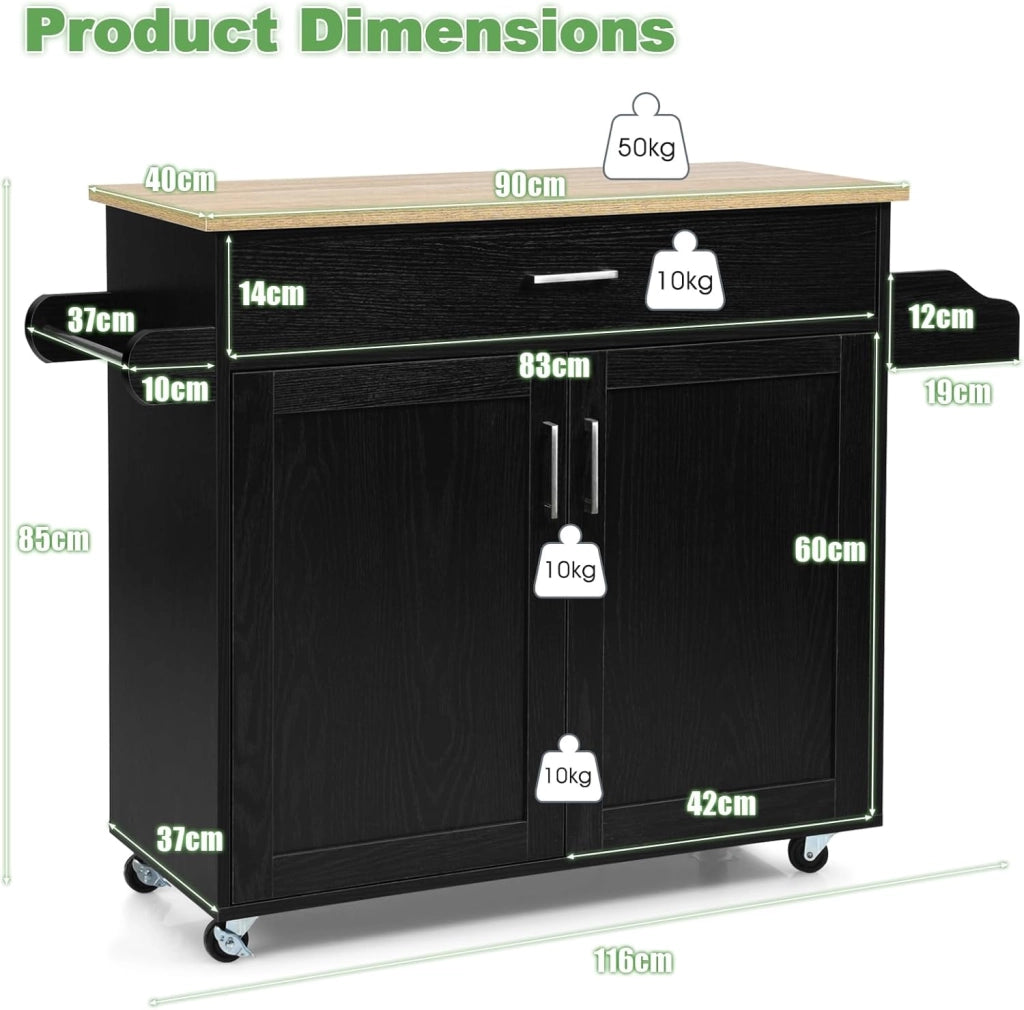 Carrello da Cucina Ausiliario, Carrello di Servizio con Cassetto e Ripiano Regolabile, Isola da Cucina da Sala da Pranzo con Ruote Universali con Freni, in Legno, 116 x 40 x 85 cm, Nero